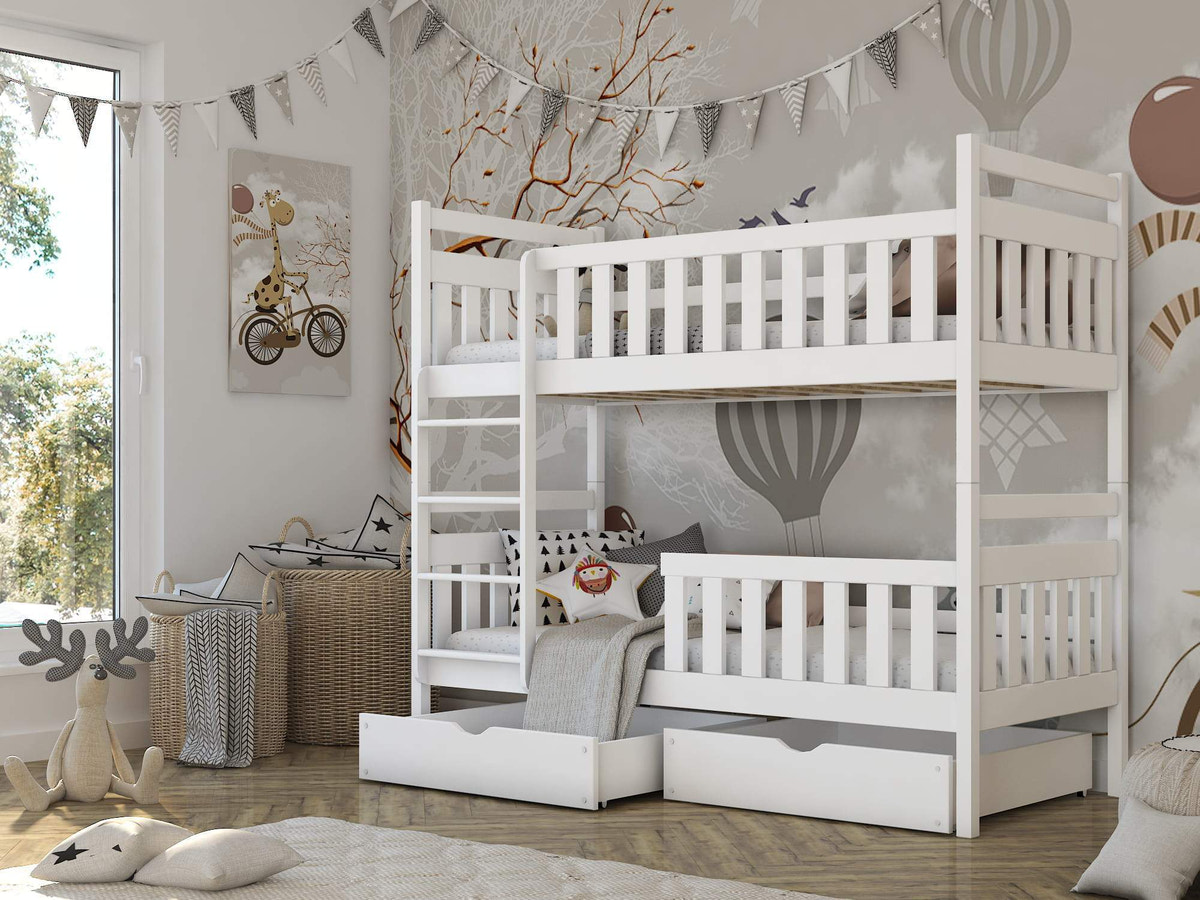 Single (3ft) Solid Pine Bunk Bed with Storage Drawers White Matt Foam Mattresses
