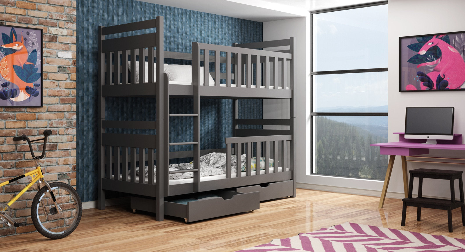 Single (3ft) Solid Pine Bunk Bed with Storage Drawers Graphite