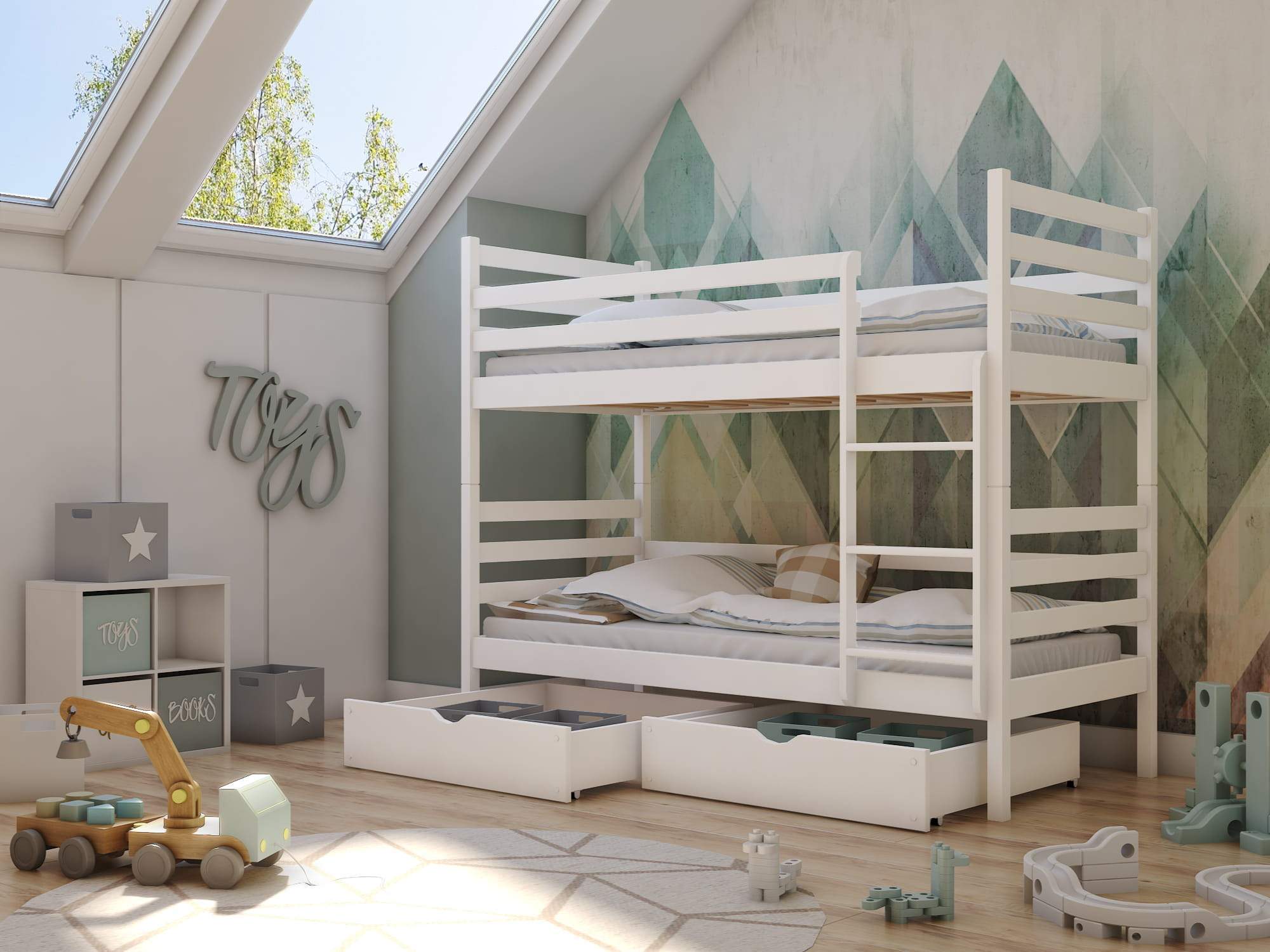 Solid Pine Bunk Bed with 2 Storage Drawers – Single 3ft | Kids Space Saving Bed with Safety Guards White Matt Foam Mattresses