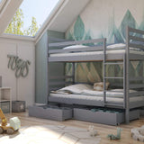 Single (3ft) Solid Pine Bunk Bed with 2 Under Bed Storage Drawers Grey Matt Foam Mattresses