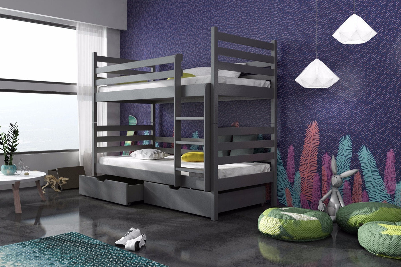Single (3ft) Solid Pine Bunk Bed with 2 Under Bed Storage Drawers Graphite Foam Mattresses