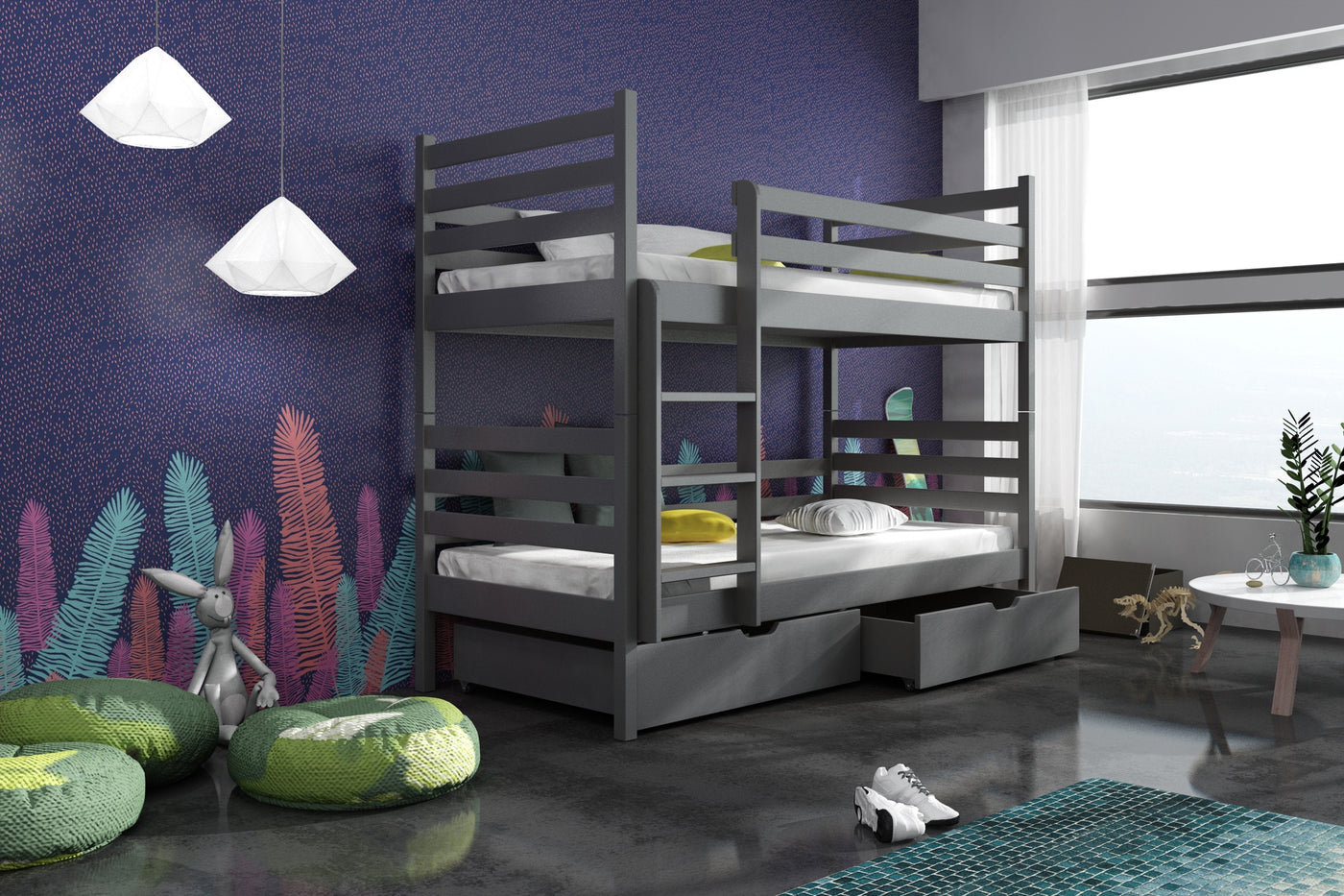 Single (3ft) Solid Pine Bunk Bed with 2 Under Bed Storage Drawers Graphite