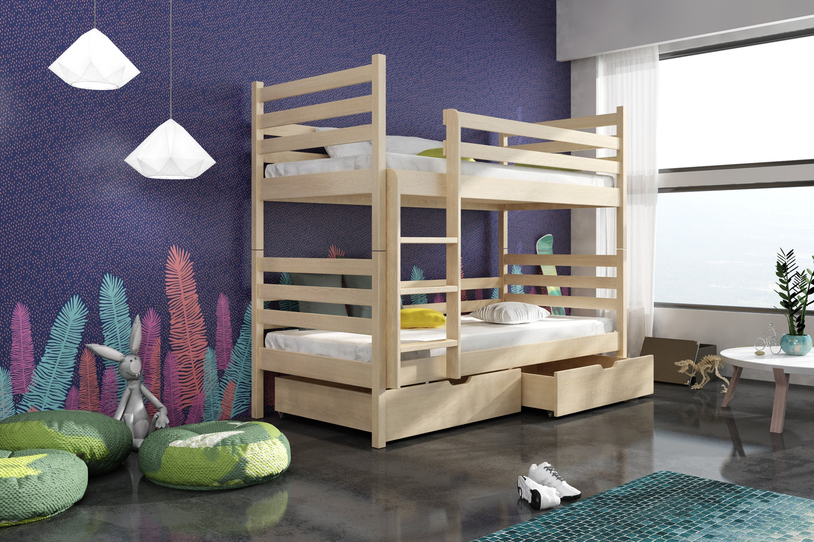 Single (3ft) Solid Pine Bunk Bed with 2 Under Bed Storage Drawers Pine