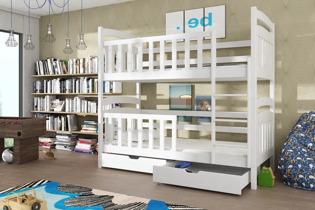 Solid Pine Bunk Bed with Under Bed Storage Drawers – Single 3ft | Kids Space Saving Bed with Safety Guards White Matt Foam Mattresses