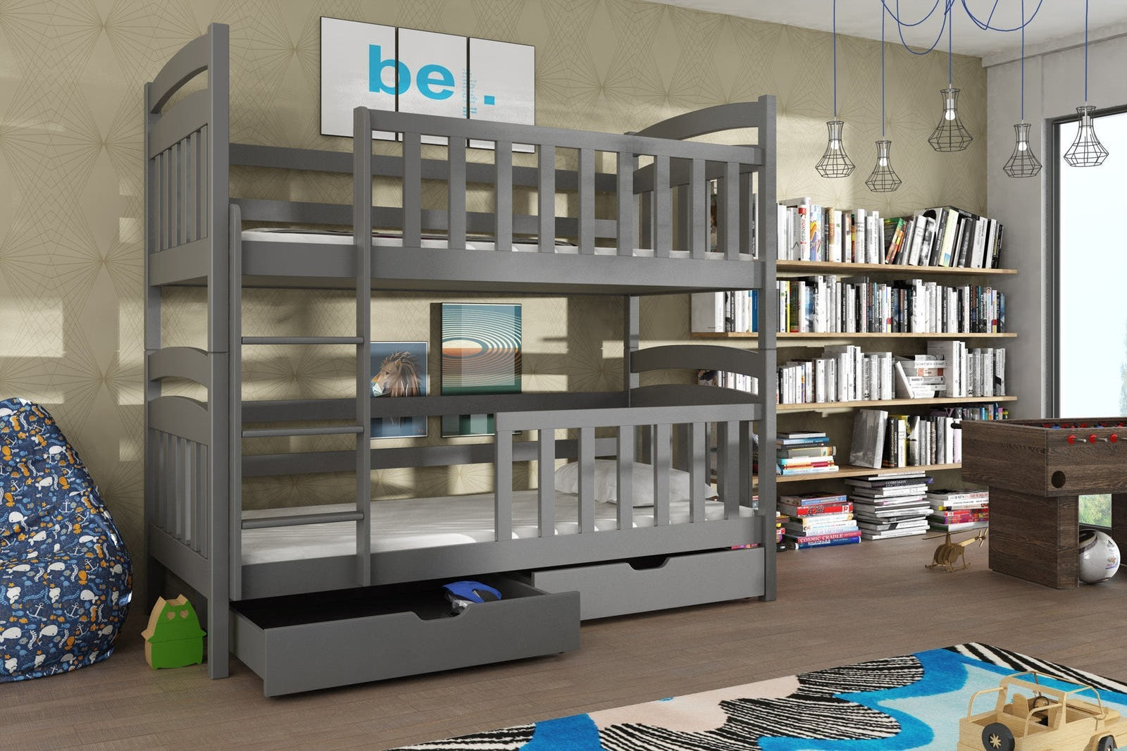 Solid Pine Bunk Bed with Under Bed Storage Drawers – Single 3ft | Kids Space Saving Bed with Safety Guards Graphite