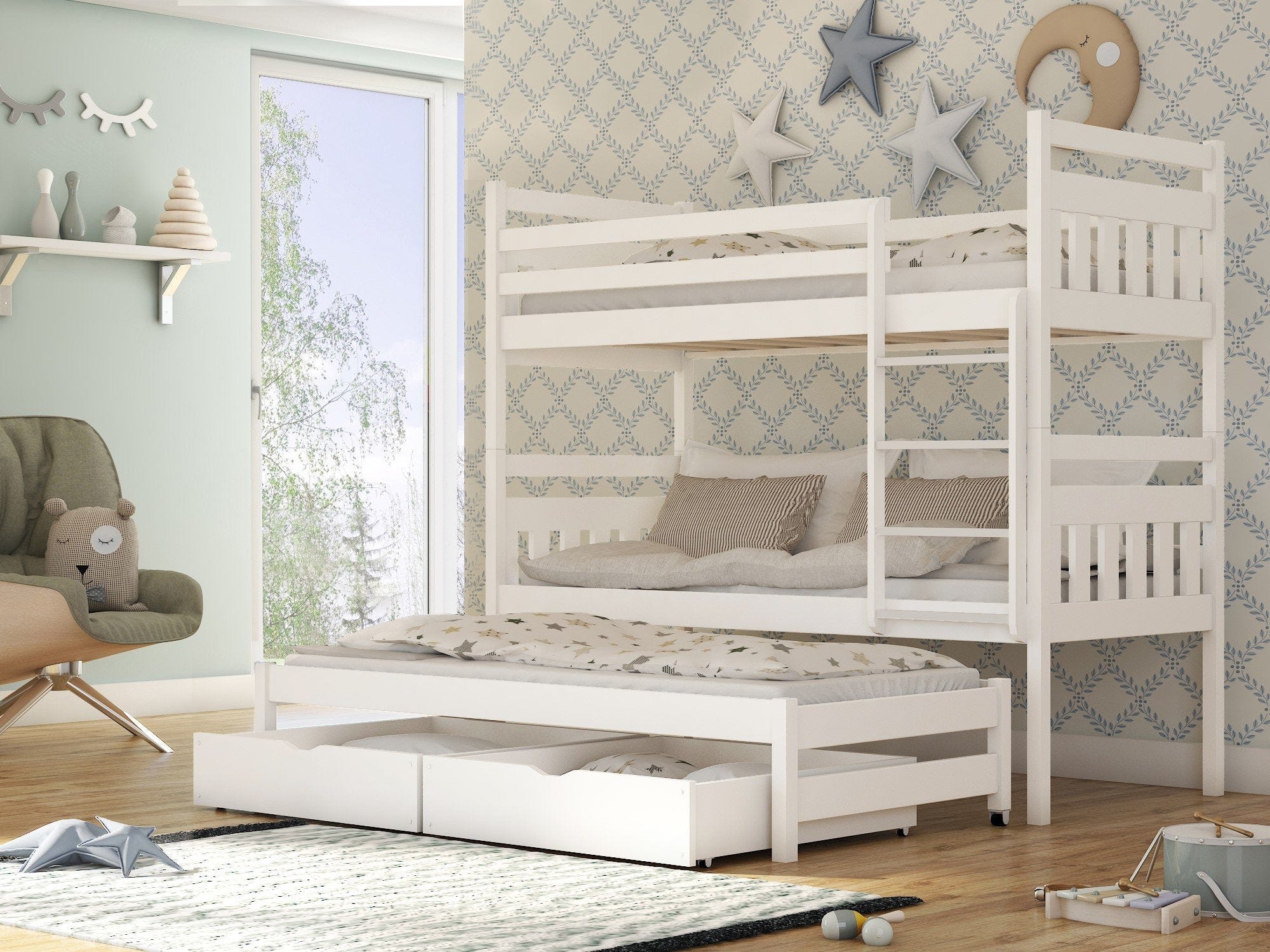 Solid Pine Bunk Bed with Trundle & Storage – Single 3ft | Triple Sleeper Kids Bed with Guard Rails White Matt Foam Mattresses