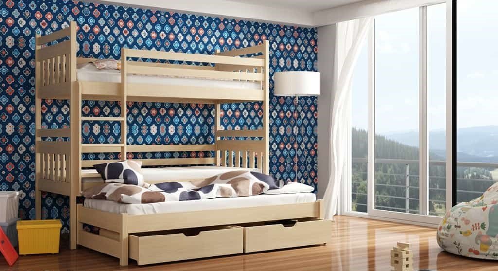 Wooden Bunk Bed Seweryn with Trundle and Storage Pine Bunk Bed 