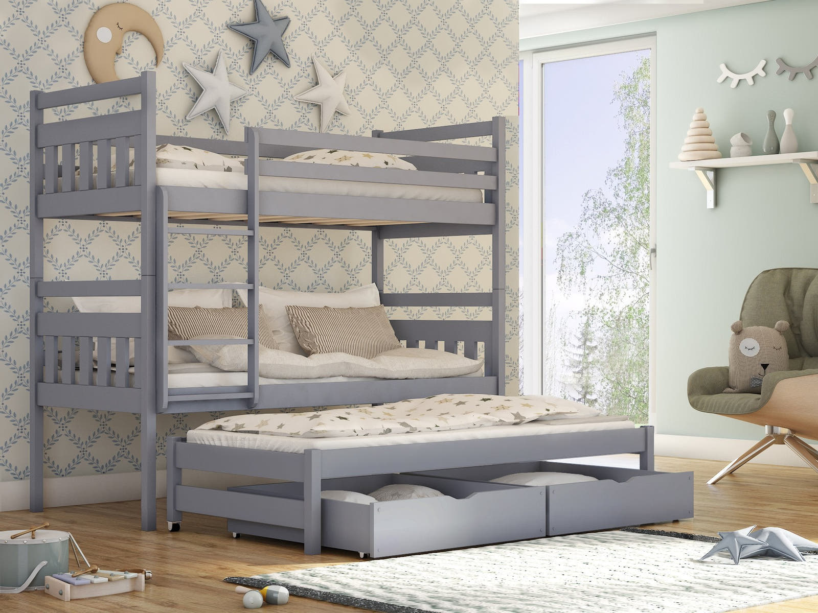 Solid Pine Bunk Bed with Trundle & Storage – Single 3ft | Triple Sleeper Kids Bed with Guard Rails Grey Matt