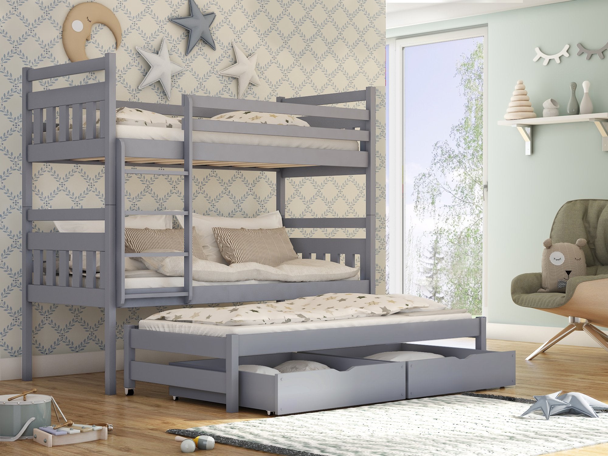 Wooden Bunk Bed Seweryn with Trundle and Storage Grey Matt Bunk Bed 