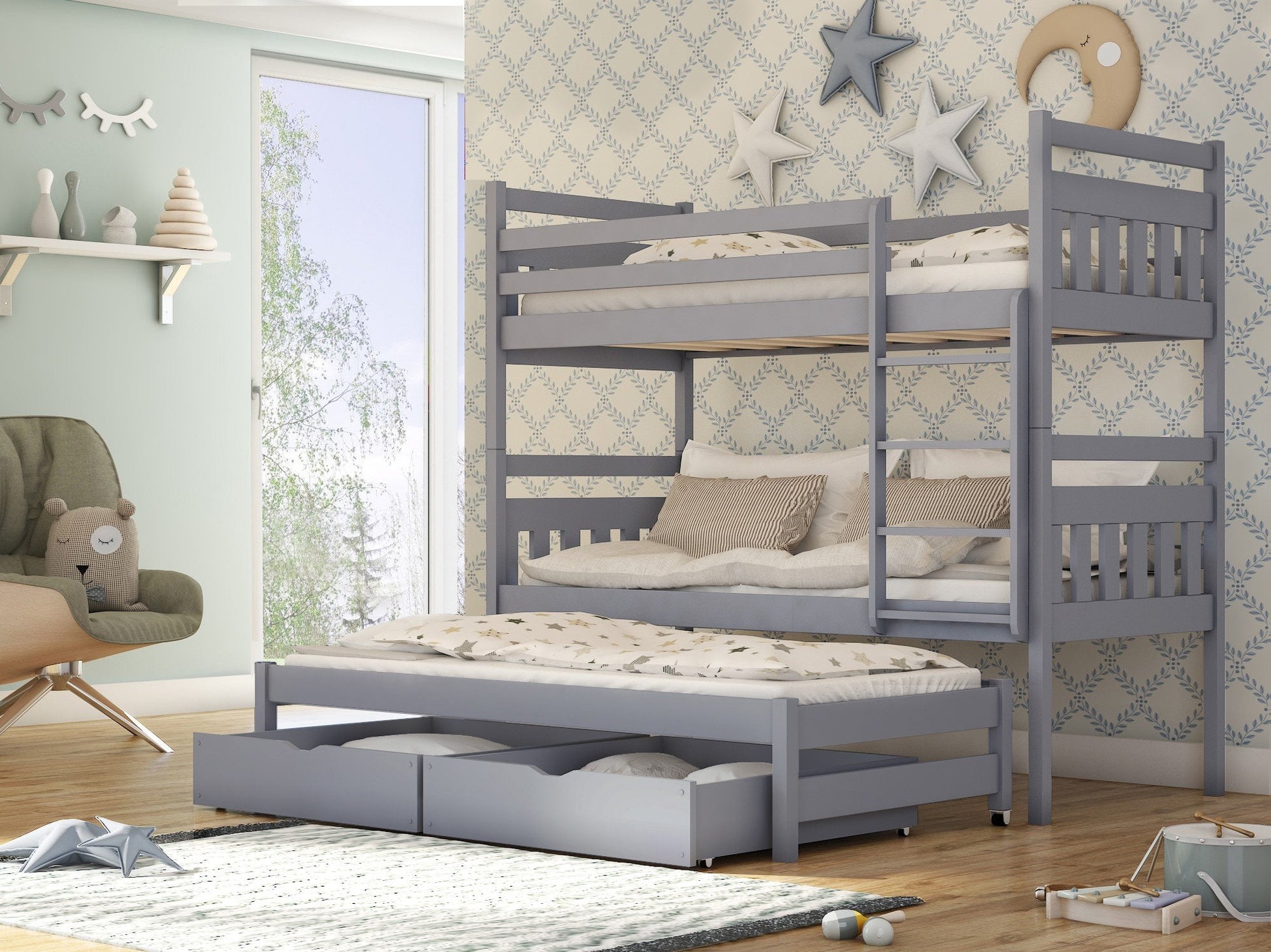 Wooden Bunk Bed Seweryn with Trundle and Storage Grey Matt Bunk Bed 