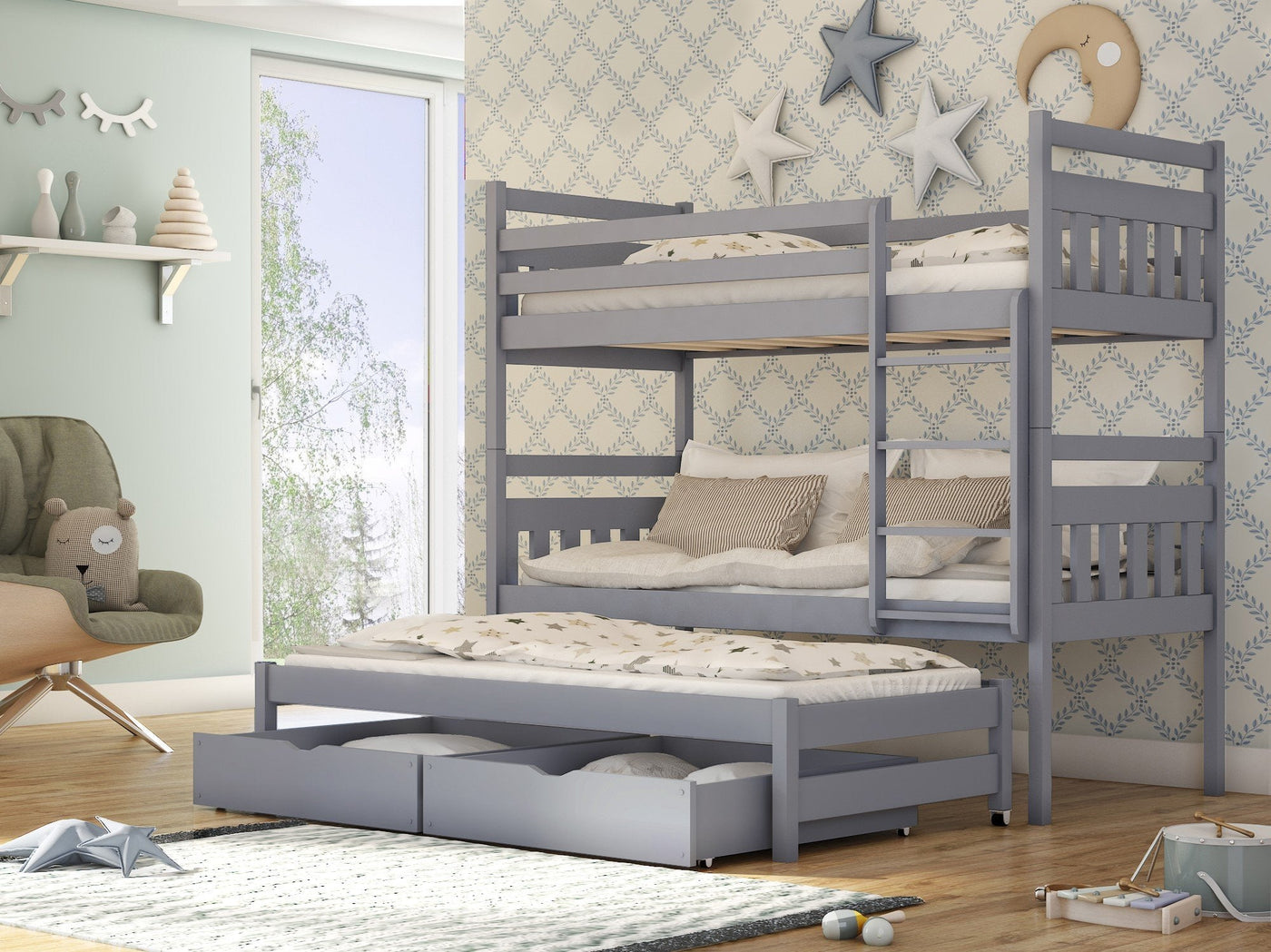 Single (3ft) Solid Pine Bunk Bed with Pull-Out Trundle & Storage Grey Matt Foam Mattresses
