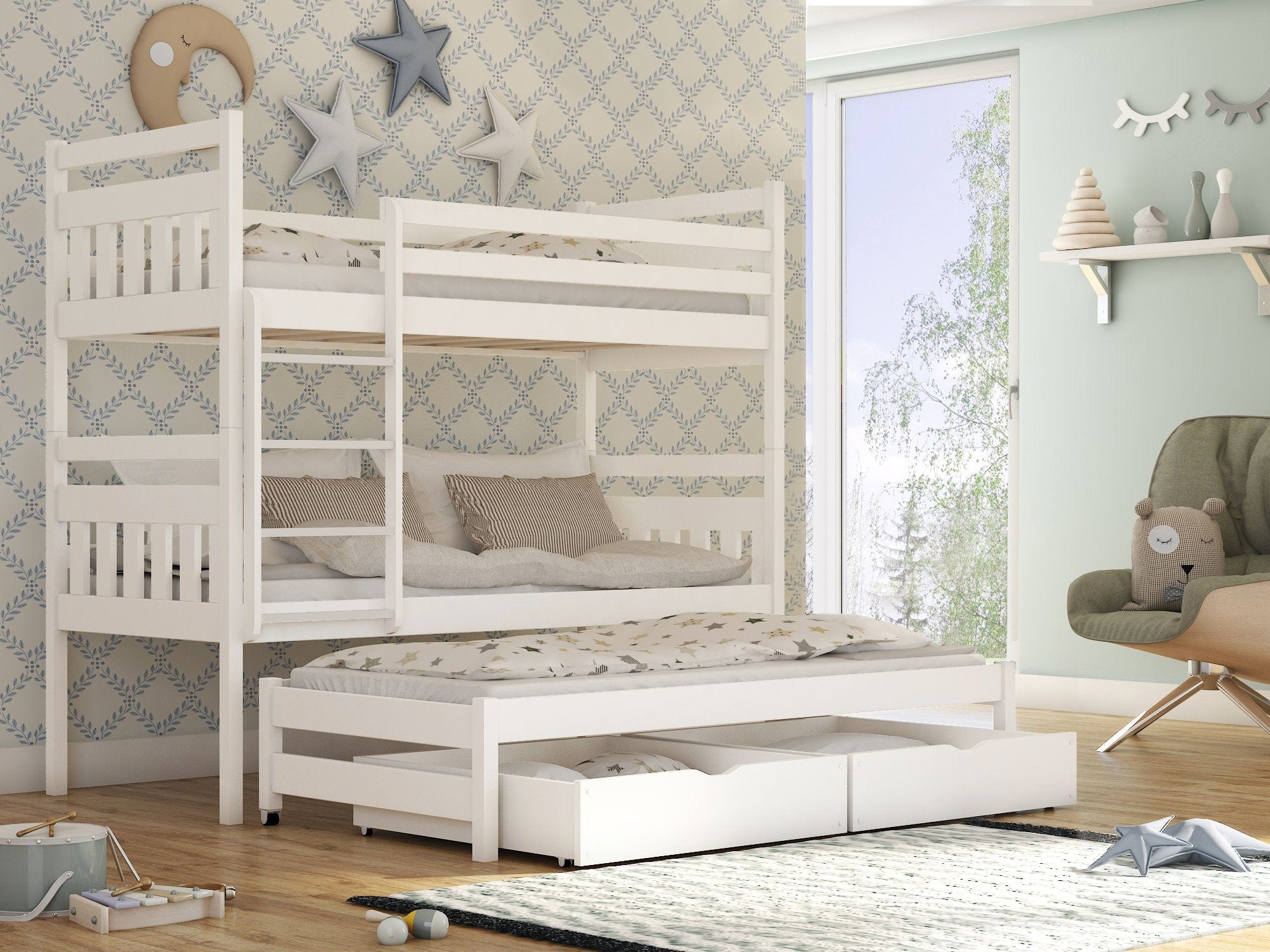 Solid Pine Bunk Bed with Trundle & Storage – Single 3ft | Triple Sleeper Kids Bed with Guard Rails White Matt