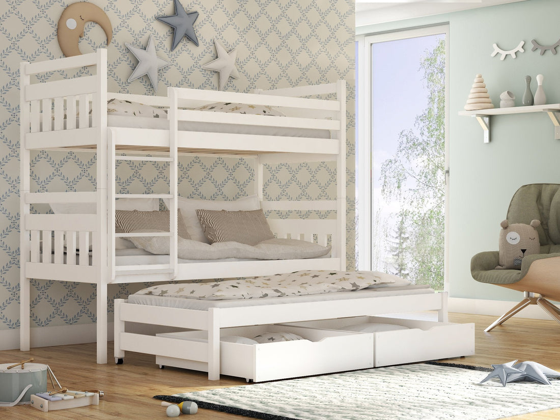 Wooden Bunk Bed Seweryn with Trundle and Storage White Matt Bunk Bed 