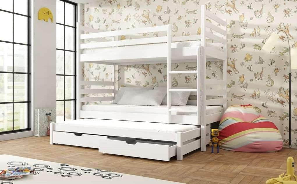 Solid Pine Bunk Bed with Trundle & Storage Drawers – Single 3ft | Kids Triple Sleeper Space Saving Bed White Matt Foam Mattresses