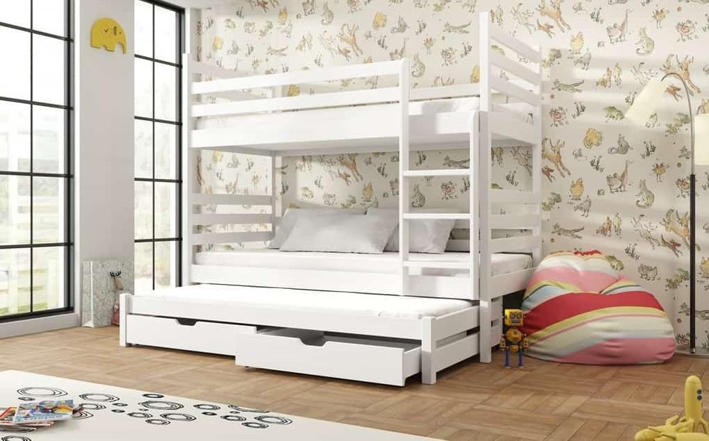 Wooden Bunk Bed Tomi with Trundle and Storage White Matt Bunk Bed 