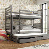 Single (3ft) Solid Pine Bunk Bed with Trundle & Storage Drawers Graphite