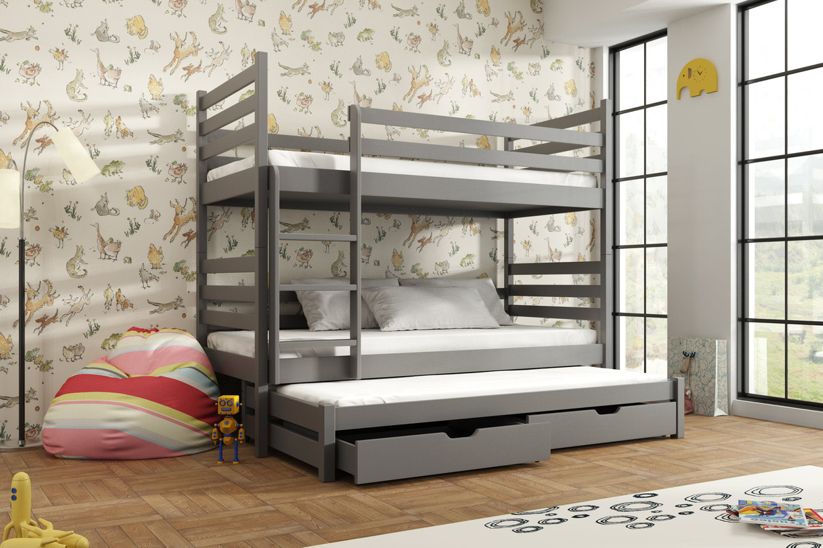 Single (3ft) Solid Pine Bunk Bed with Trundle & Storage Drawers Graphite