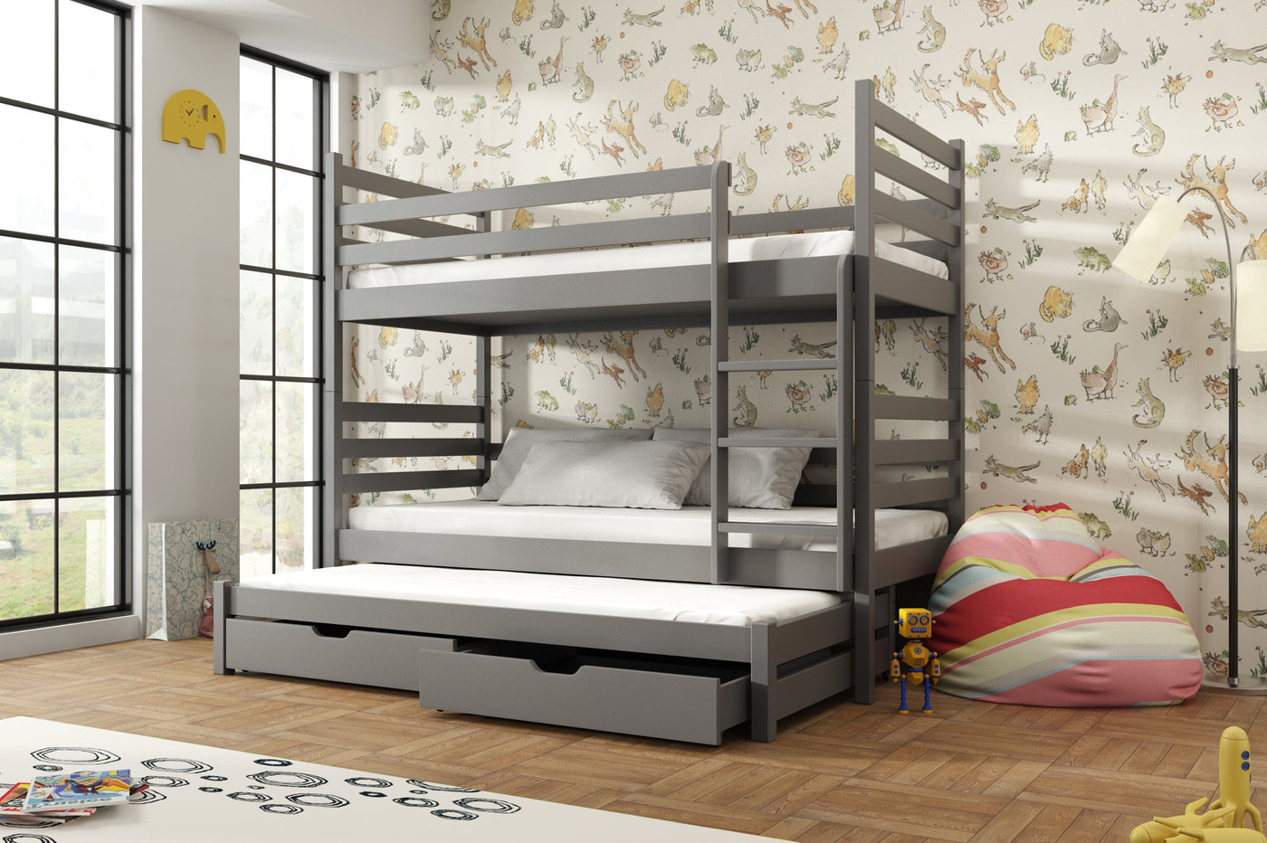 Single (3ft) Solid Pine Bunk Bed with Trundle & Storage Drawers Graphite Foam Mattresses