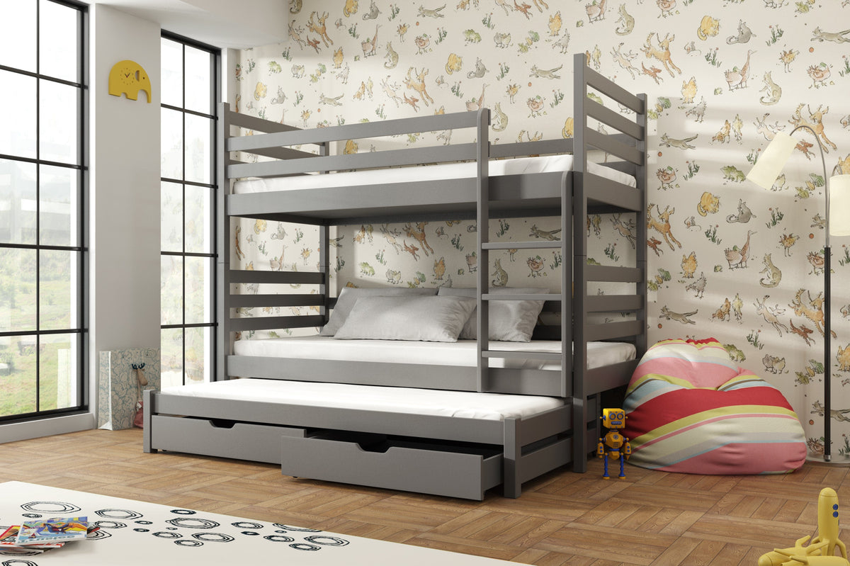 Single (3ft) Solid Pine Bunk Bed with Trundle & Storage Drawers Graphite Foam Mattresses