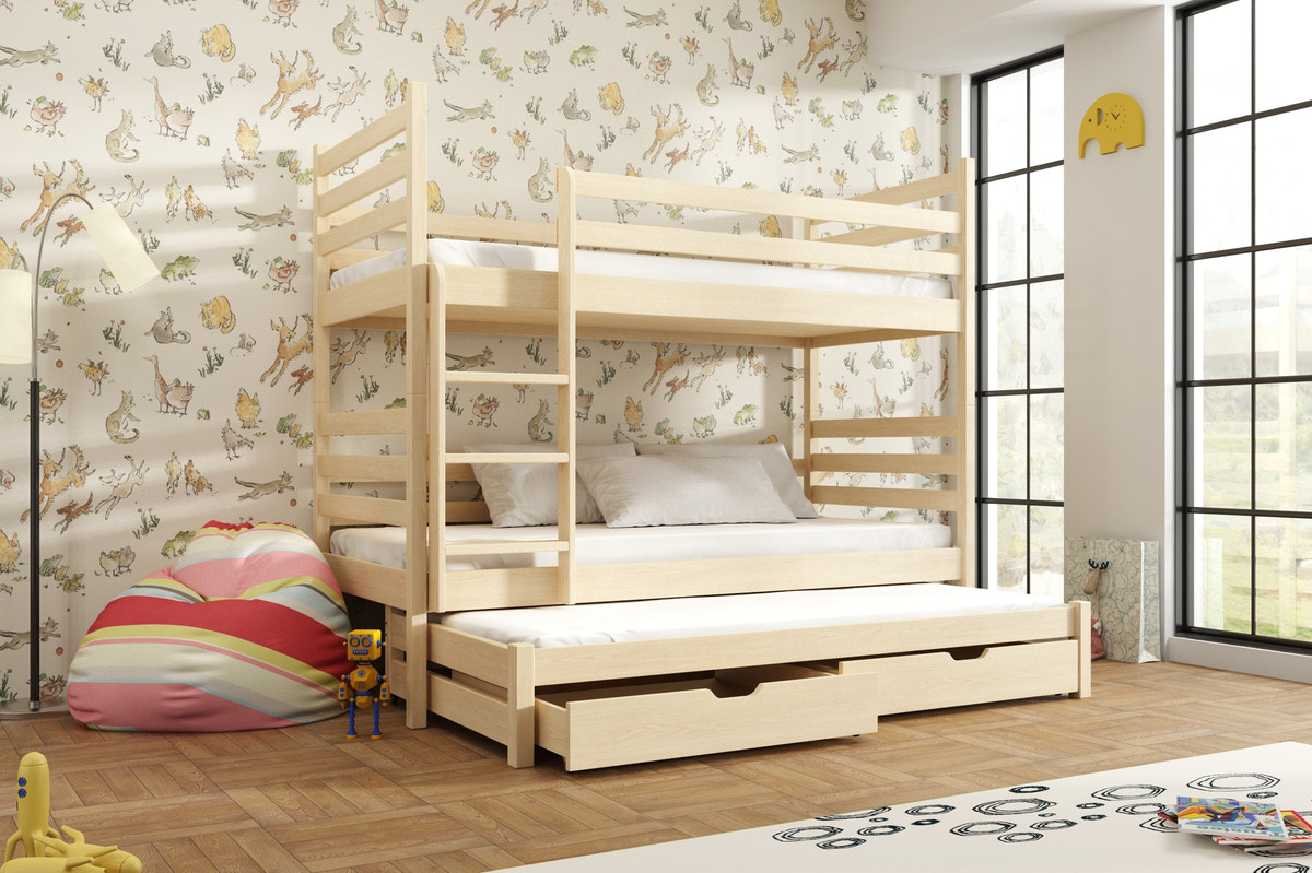 Single (3ft) Solid Pine Bunk Bed with Trundle & Storage Drawers Pine