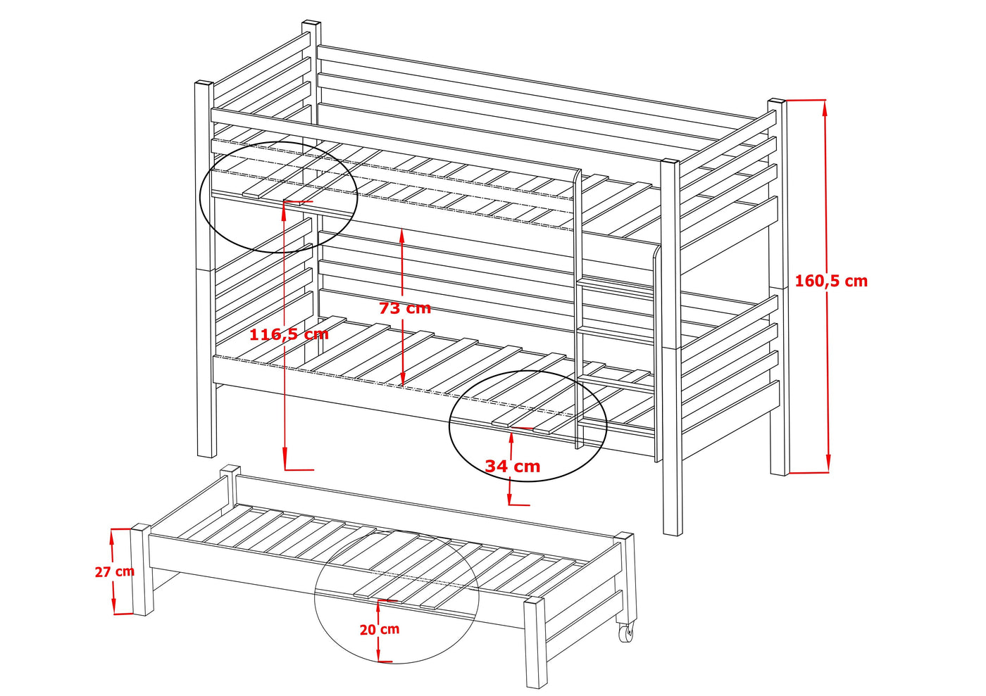 Single (3ft) Solid Pine Bunk Bed with Trundle & Storage Drawers
