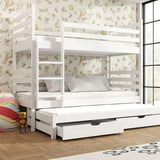 Single (3ft) Solid Pine Bunk Bed with Trundle & Storage Drawers White Matt