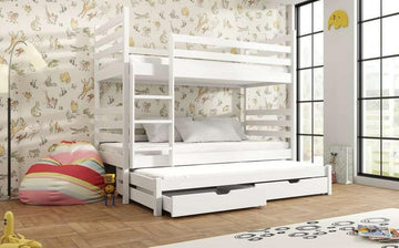 Single (3ft) Solid Pine Bunk Bed with Trundle & Storage Drawers White Matt