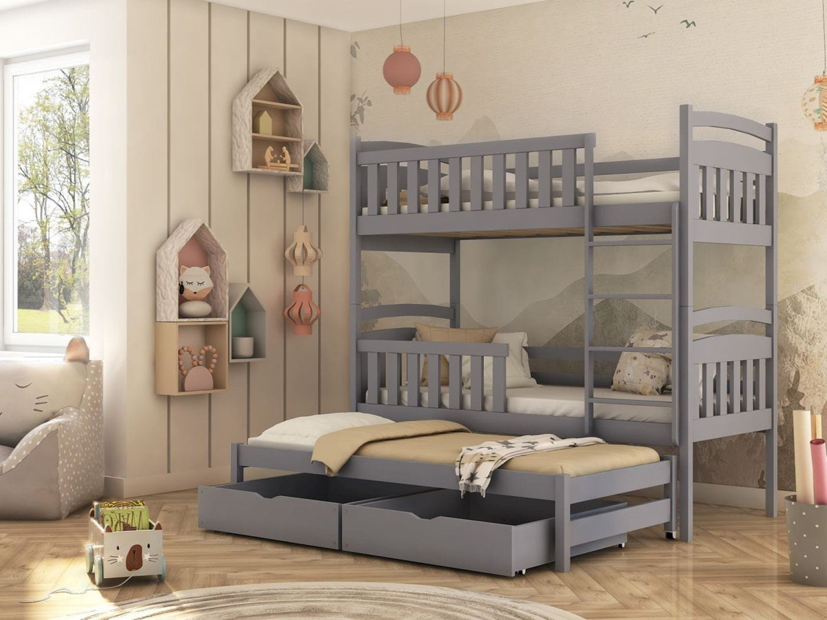 Solid Pine Bunk Bed with Trundle & 2 Storage Drawers – Single 3ft | Kids Triple Sleeper Bed Grey Matt Foam Mattresses