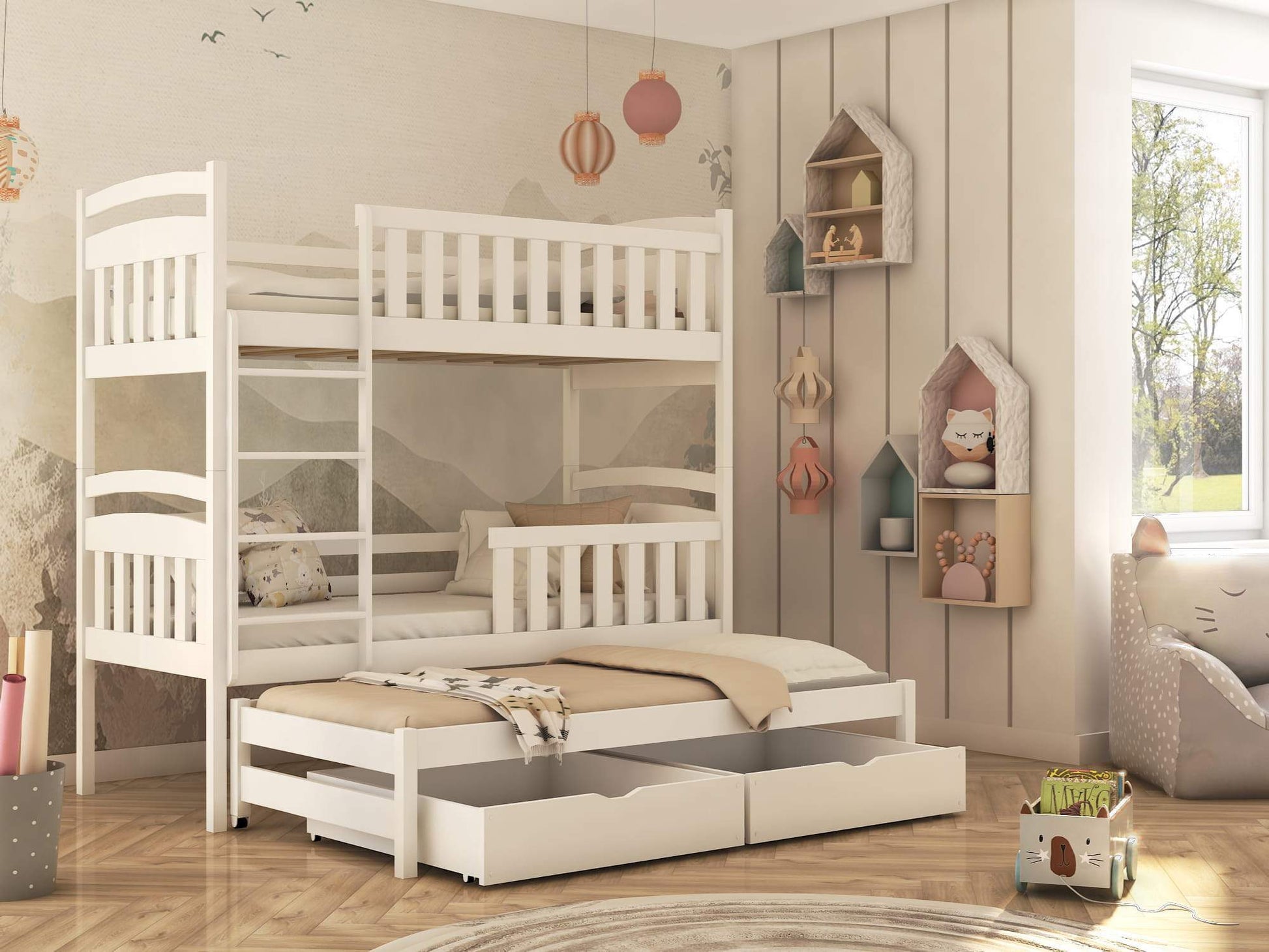 Wooden Bunk Bed Viki with Trundle and Storage White Matt Bunk Bed 