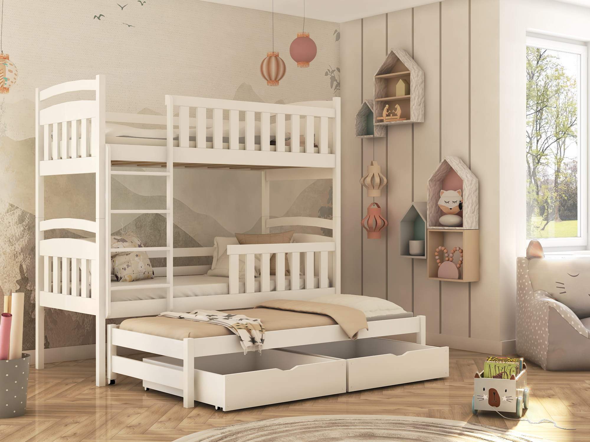 Wooden Bunk Bed Viki with Trundle and Storage White Matt Bunk Bed 
