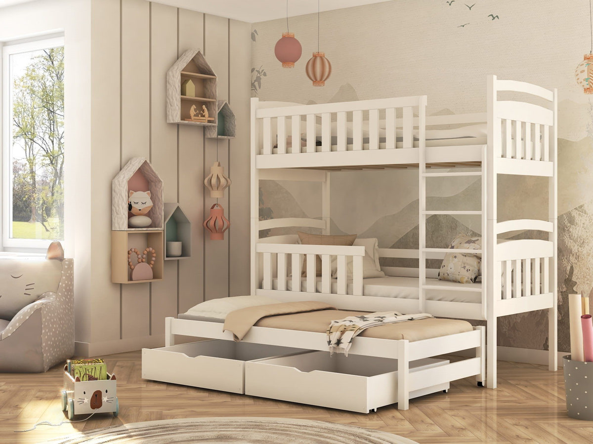 Solid Pine Bunk Bed with Trundle & 2 Storage Drawers – Single 3ft | Kids Triple Sleeper Bed White Matt Foam Mattresses
