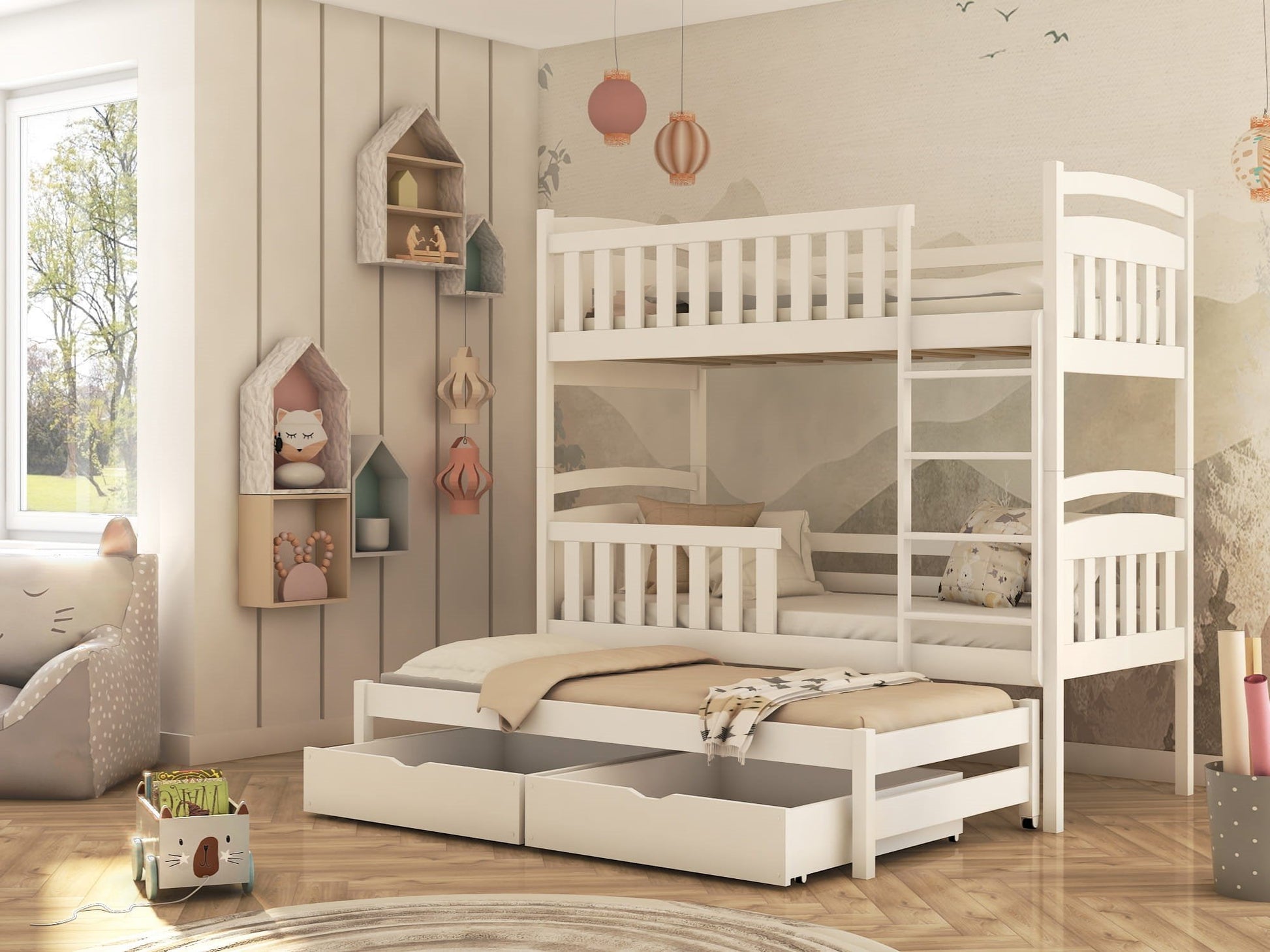 Wooden Bunk Bed Viki with Trundle and Storage White Matt Bunk Bed 