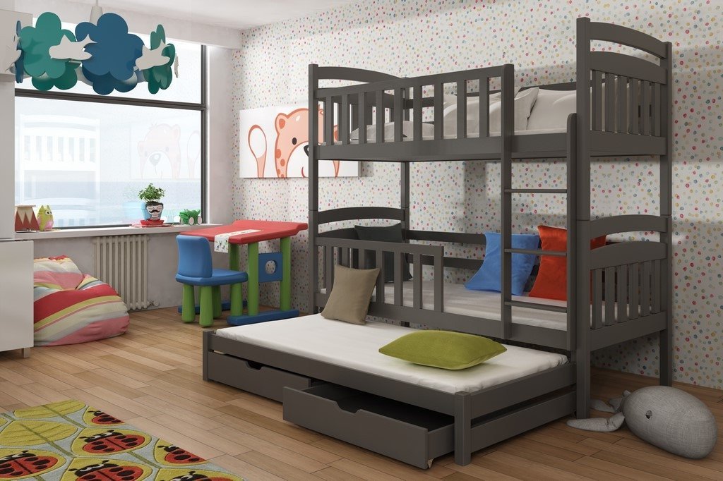 Single (3ft) Solid Pine Triple Sleeper Bunk Bed Graphite Foam Mattresses