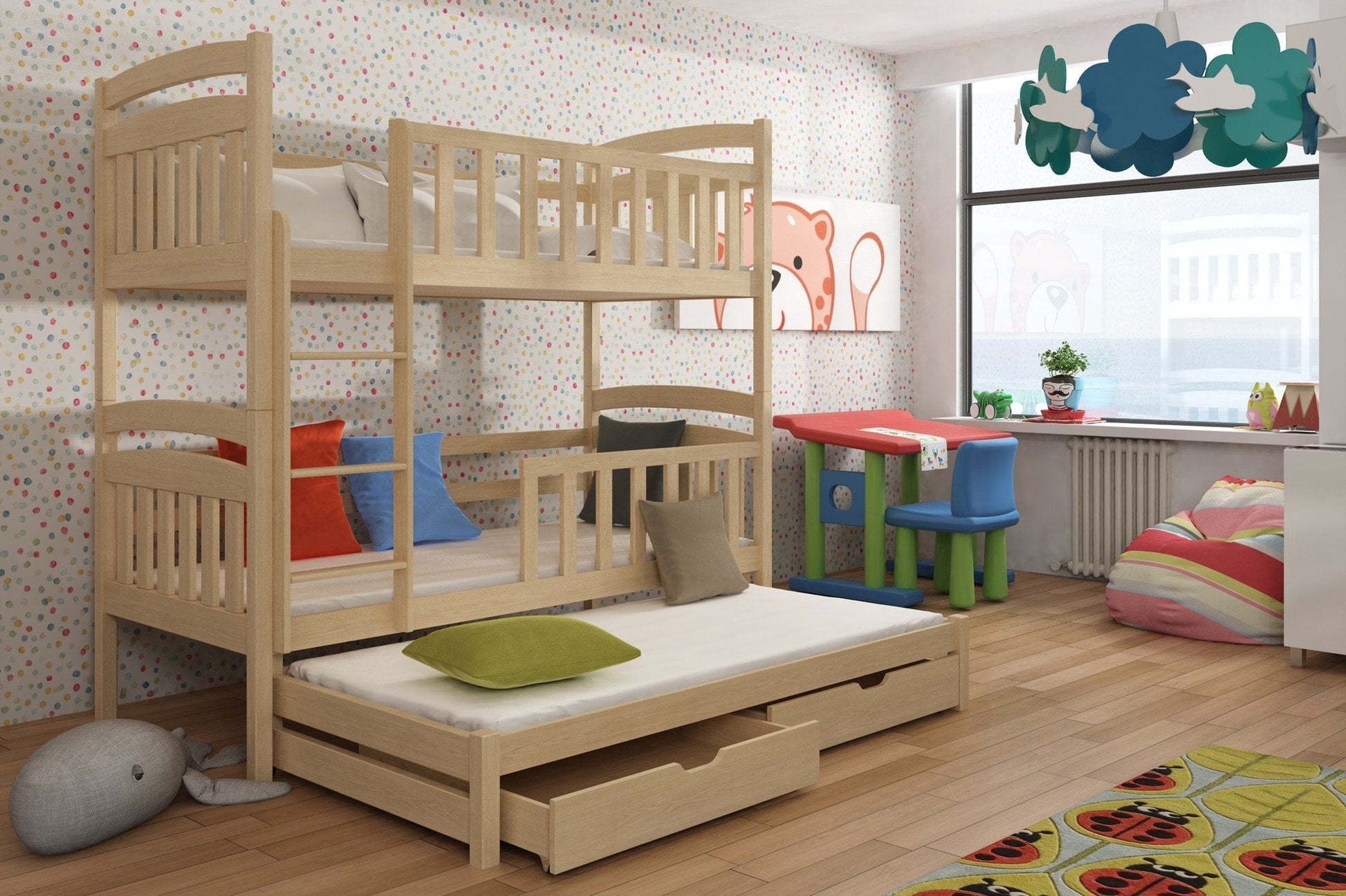Wooden Bunk Bed Viki with Trundle and Storage Pine Bunk Bed 