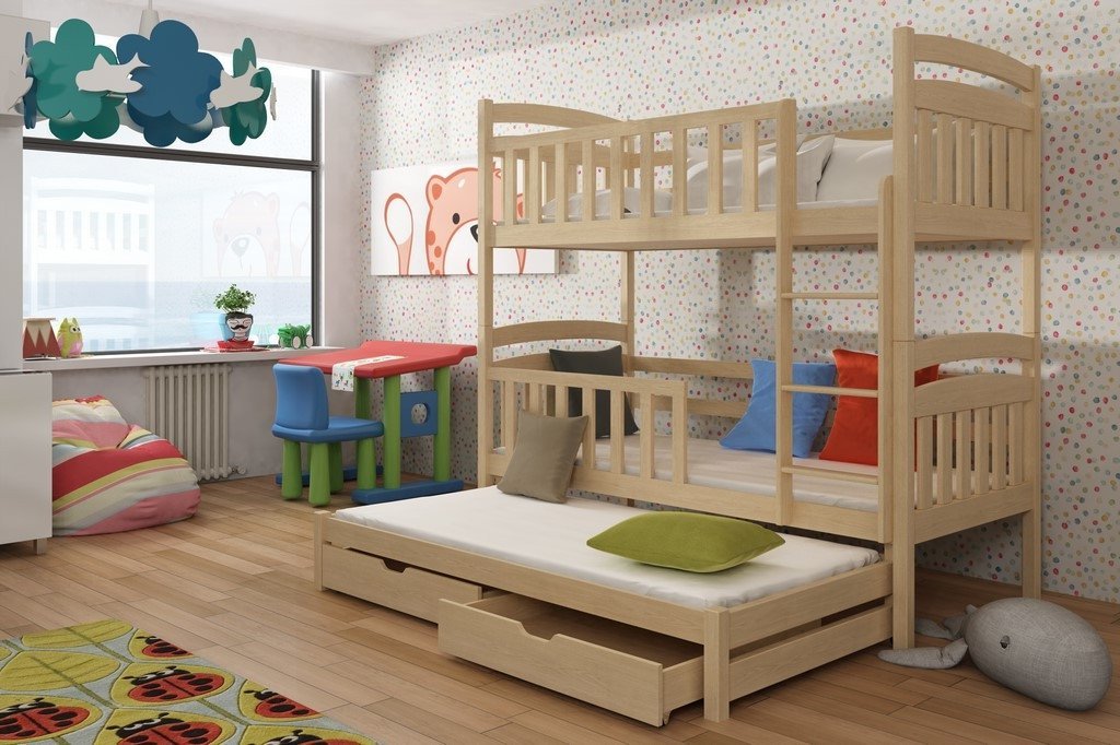 Wooden Bunk Bed Viki with Trundle and Storage Pine Bunk Bed 
