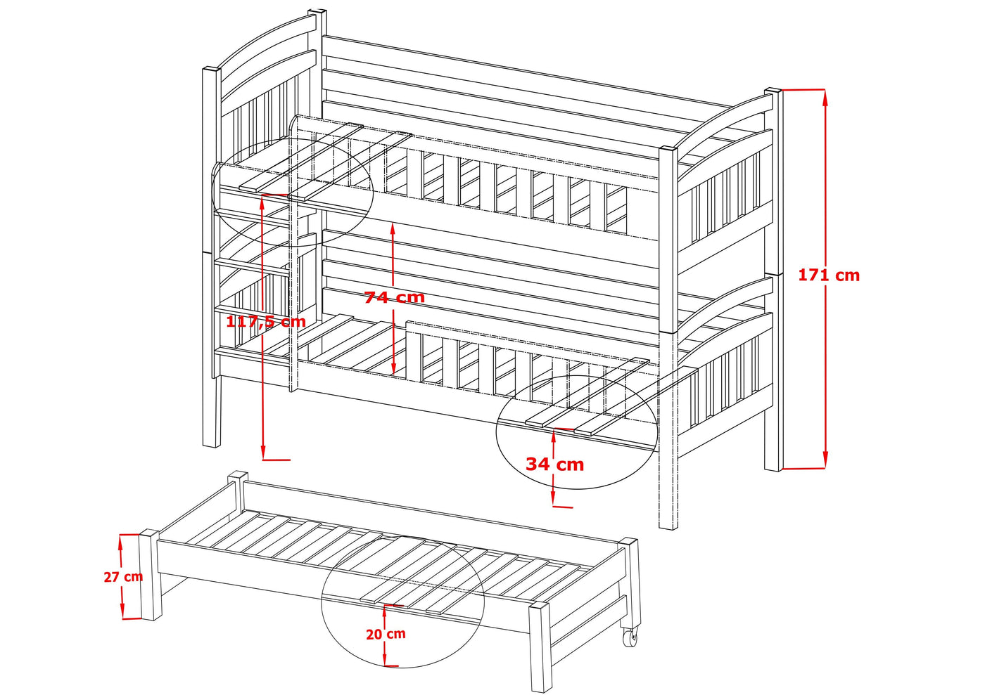 Single (3ft) Solid Pine Triple Sleeper Bunk Bed