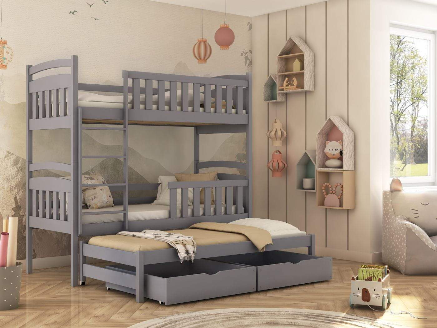 Solid Pine Bunk Bed with Trundle & 2 Storage Drawers – Single 3ft | Kids Triple Sleeper Bed Grey Matt