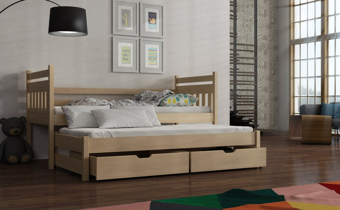 Wooden Double Bed Daniel with Trundle and Storage Pine Kids Single Bed 