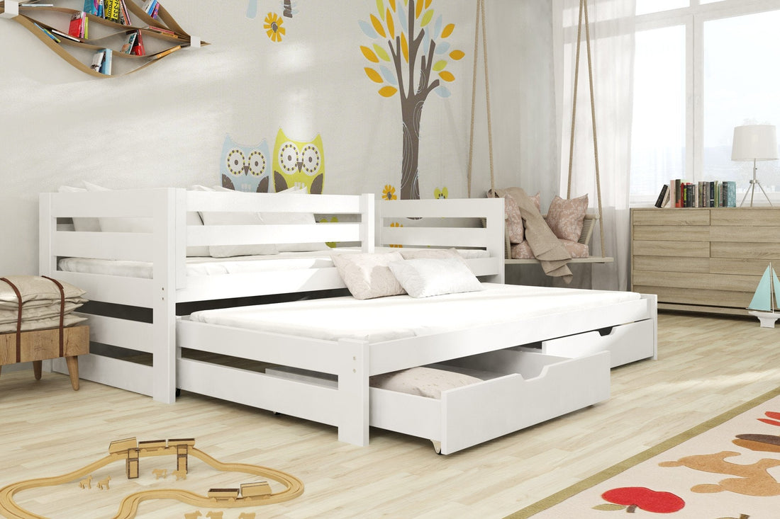 Wooden Double Bed Kubus with Trundle and Storage White Matt Kids Single Bed 