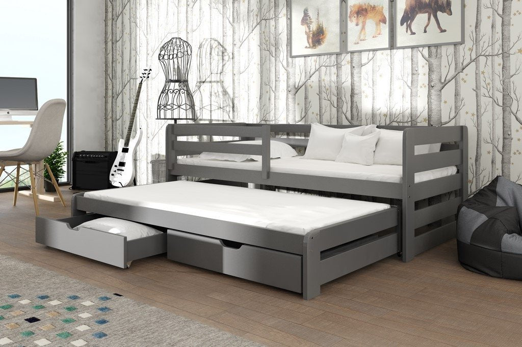Wooden Double Bed Senso with Trundle and Storage Graphite Kids Single Bed 