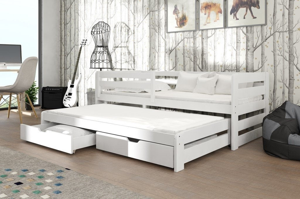 Wooden Double Bed Senso with Trundle and Storage White Matt Kids Single Bed 