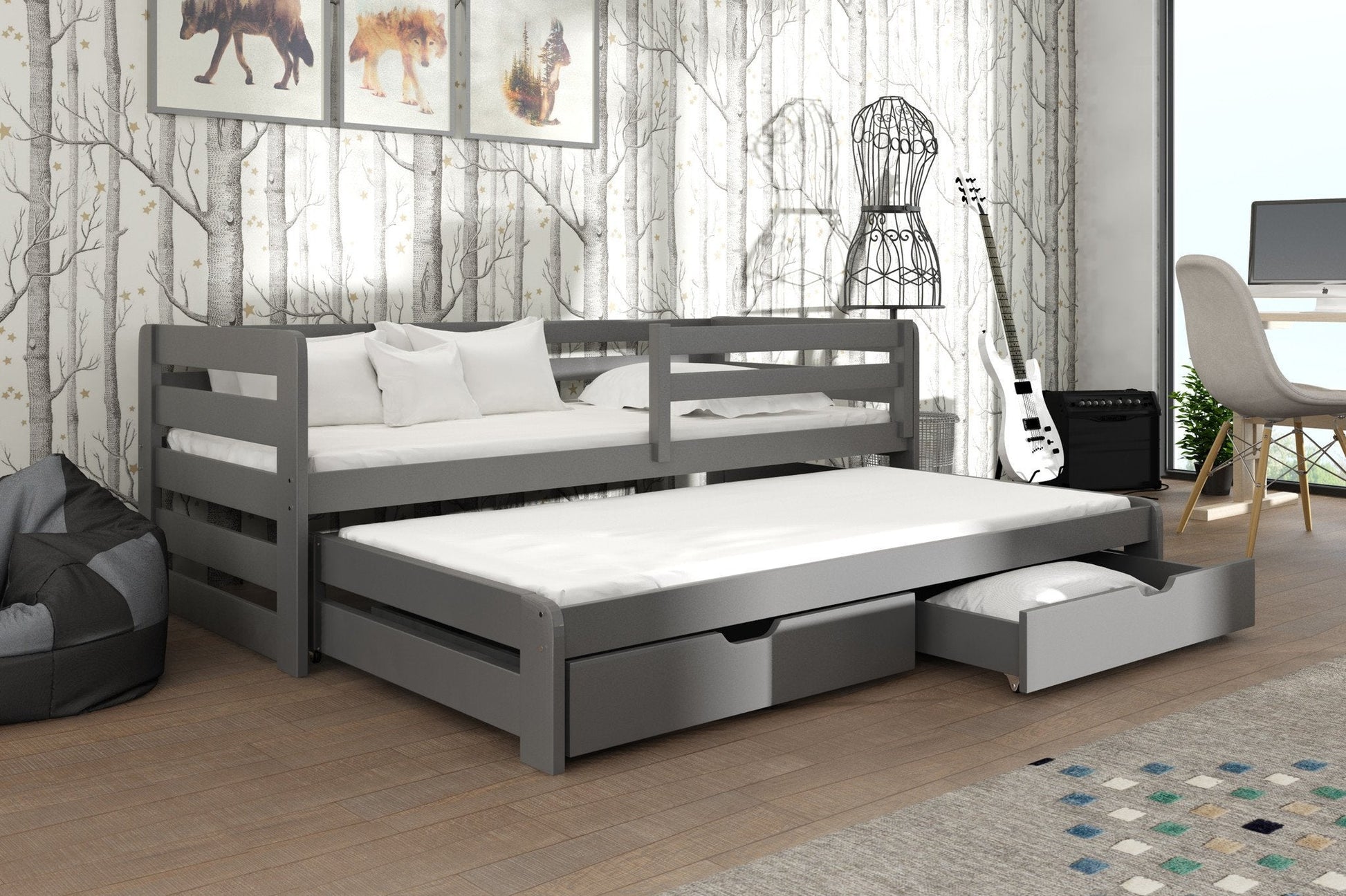 Wooden Double Bed Senso with Trundle and Storage Graphite Kids Single Bed 