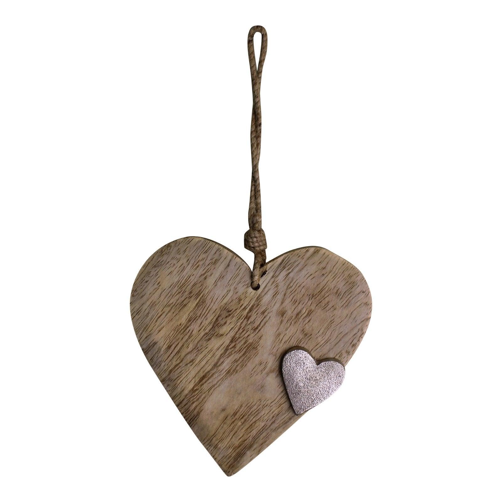Wooden Hanging Heart Ornament with Silver Heart-Ornaments