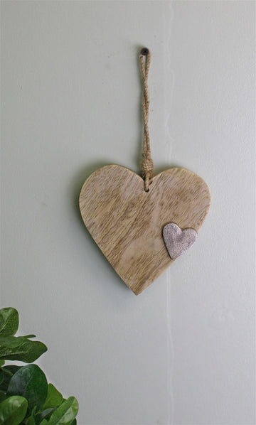 Wooden Hanging Heart Ornament with Silver Heart - £12.99 - Ornaments 