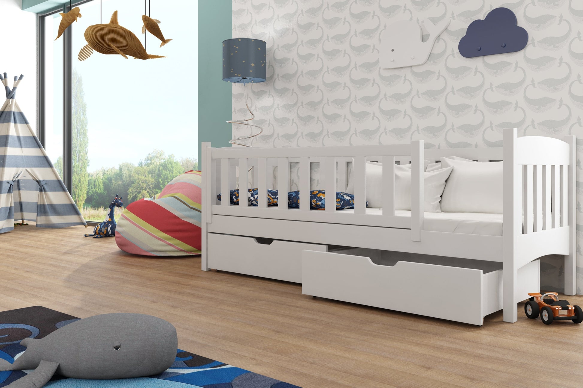 Wooden Single Bed Gucio with Storage White Matt Cribs & Toddler Beds 