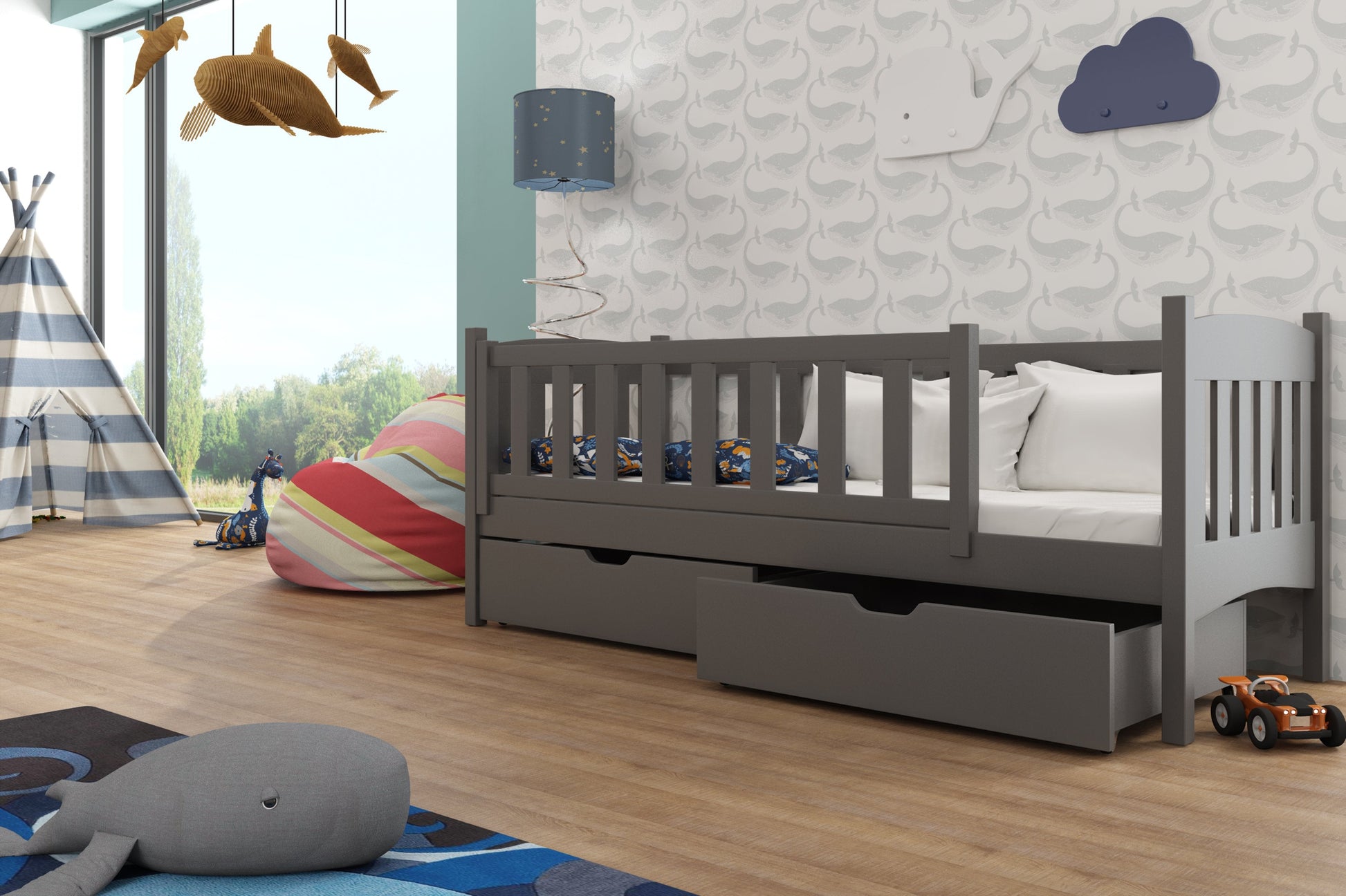 Wooden Single Bed Gucio with Storage Graphite Cribs & Toddler Beds 