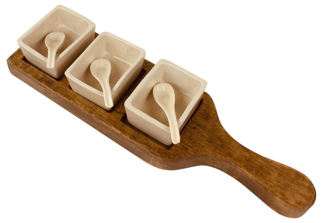 Wooden Tray With Dip Bowls & Spoons 36cm - £38.99 - Trays & Chopping Boards 