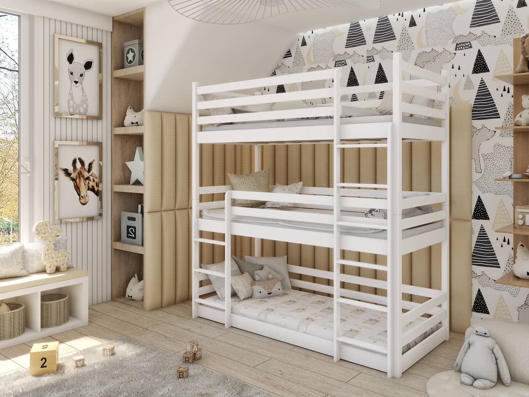 Solid Pine Triple Bunk Bed – Single 3ft | 3 Sleeper Kids Bed with Safety Guards & Two Ladders