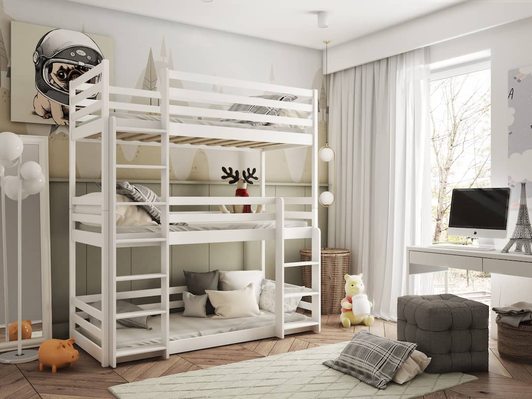 Solid Pine Triple Bunk Bed – Single 3ft | 3 Sleeper Kids Bed with Safety Guards & Two Ladders