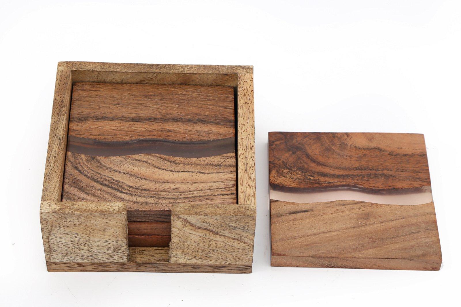 Wooden Wave Design Coasters In A Wooden Holder-Coasters & Placemats